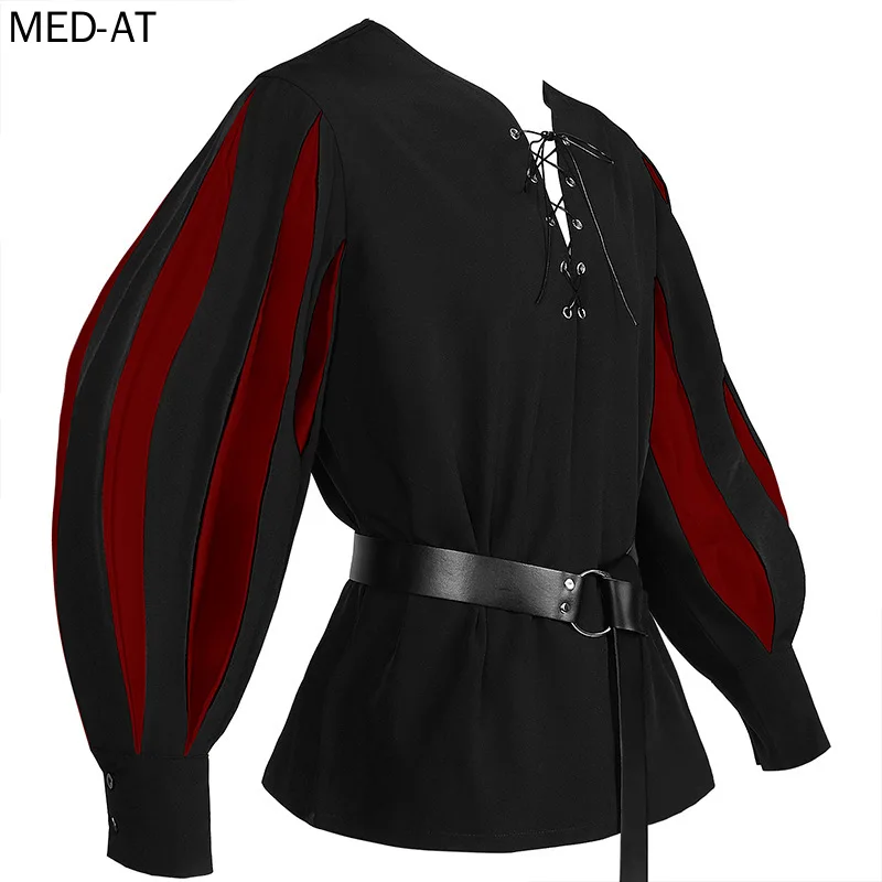 Halloween Men\'s Medieval Cosplay Warrior Knight Tunic Shirt Belted Lansquenet Larp Viking Pirate Costume Lace Up CLothing