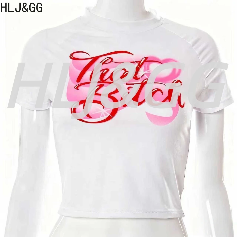 HLJ&GG Summer New Letter Print Slim Tops White Women O Neck Short Sleeve Crop Tshirts Fashion Design Colorful Trend Streetwear
