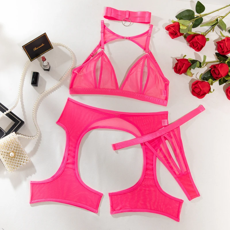 비키니 패션 메쉬 섹시 란제리 네종 세트 (넥 링 포함)