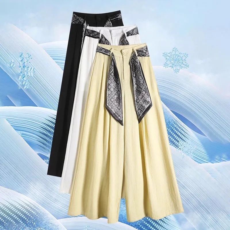 

Новые льняные широкие брюки, женские летние шелковые шарфы с лентой, костюмные брюки, женские брюки с высокой талией, провисающие хлопковые льняные брюки