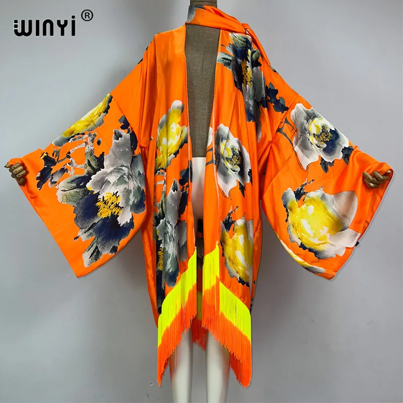 WINYI kimono moda boho letnie stroje plażowe letnie artystyczny nadruk osłona do Bikini sweter seksowne wakacje z długim rękawem sukienka z frędzlami