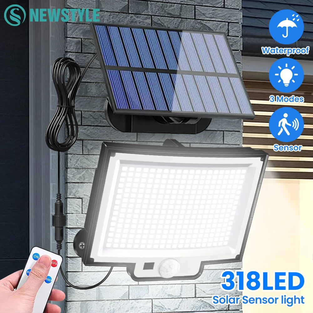 Wasserdichte 318LED-Solarleuchten für den Außenbereich, IP65, Bewegungsmelder, Solar-Sicherheitsleuchten, 3 Beleuchtungsmodi, solarbetriebene Wandleuchte für den Außenbereich, für Gartenzaun,