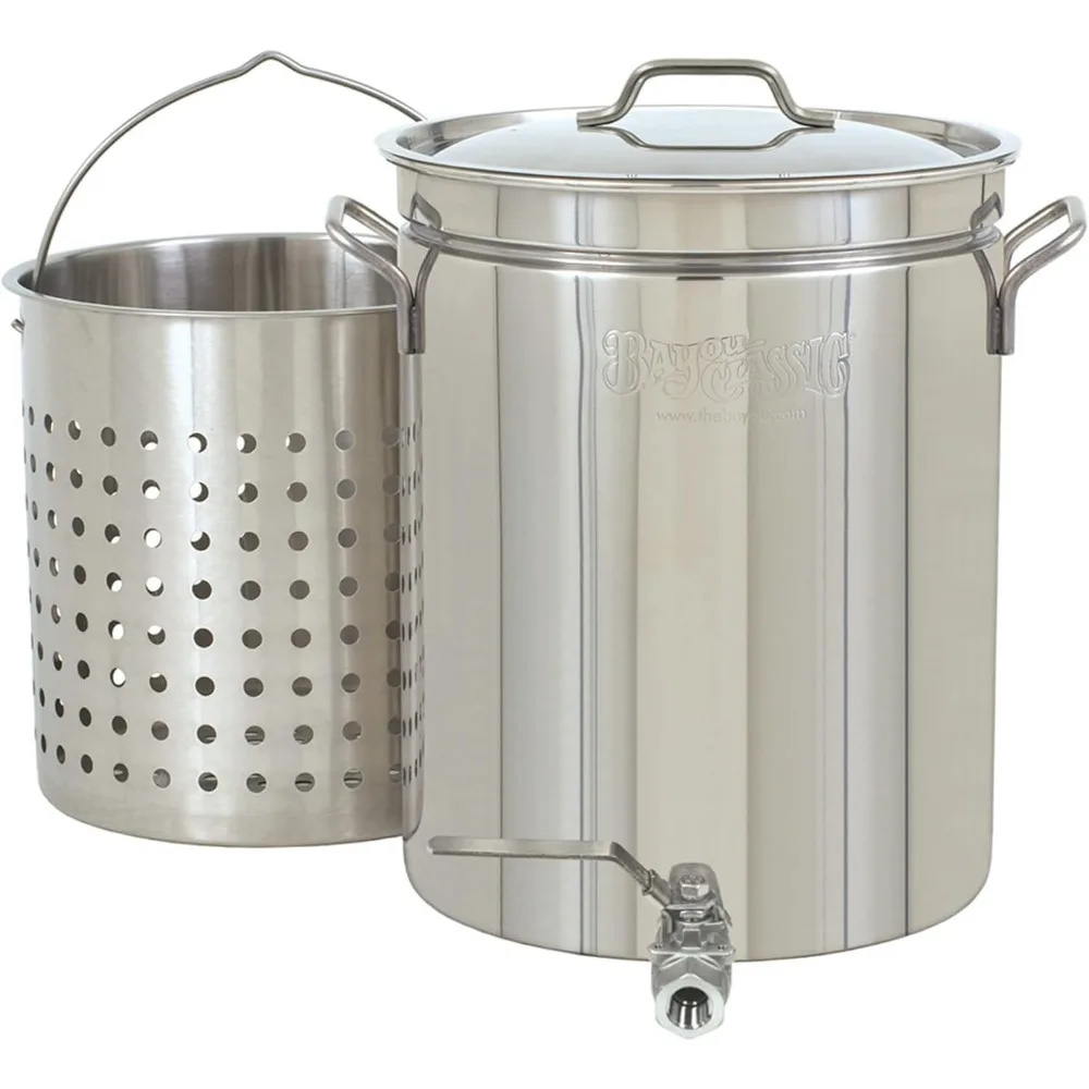 

1140 40-qt Stainless Stockpot w/ Elevated Steam Basket and Spigot Features Stainless Ball Valve Spigot, Heavy Welded Handles St
