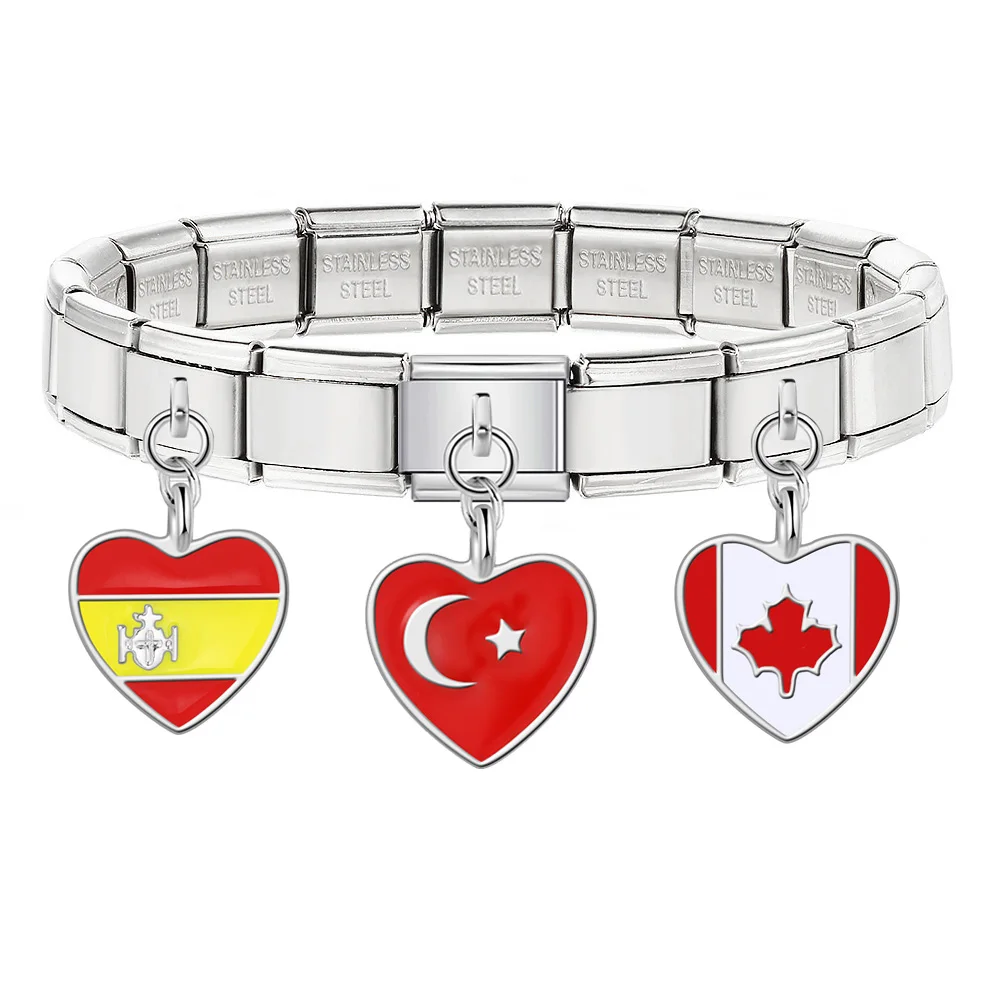 Modischer Bunter Charm-Herzanhänger mit Welt-Nationalflagge, Italienisches Glied, passend für 9mm Edelstahl-Armbänder, DIY-Schmuckperlen – Detail 2