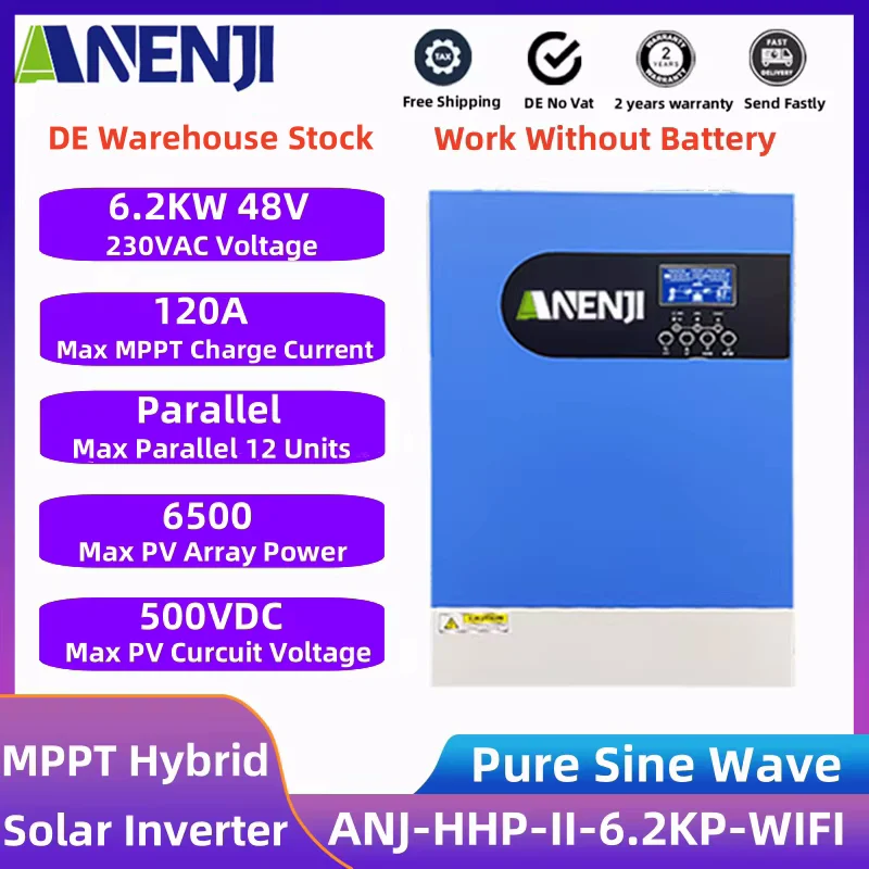 6.2KW Parallel Hybrid Solar Inverter 220V 48V Pure Sine Wave Off Grid Inverter MPPT 120A Solar Charger Controller 50Hz/60Hz