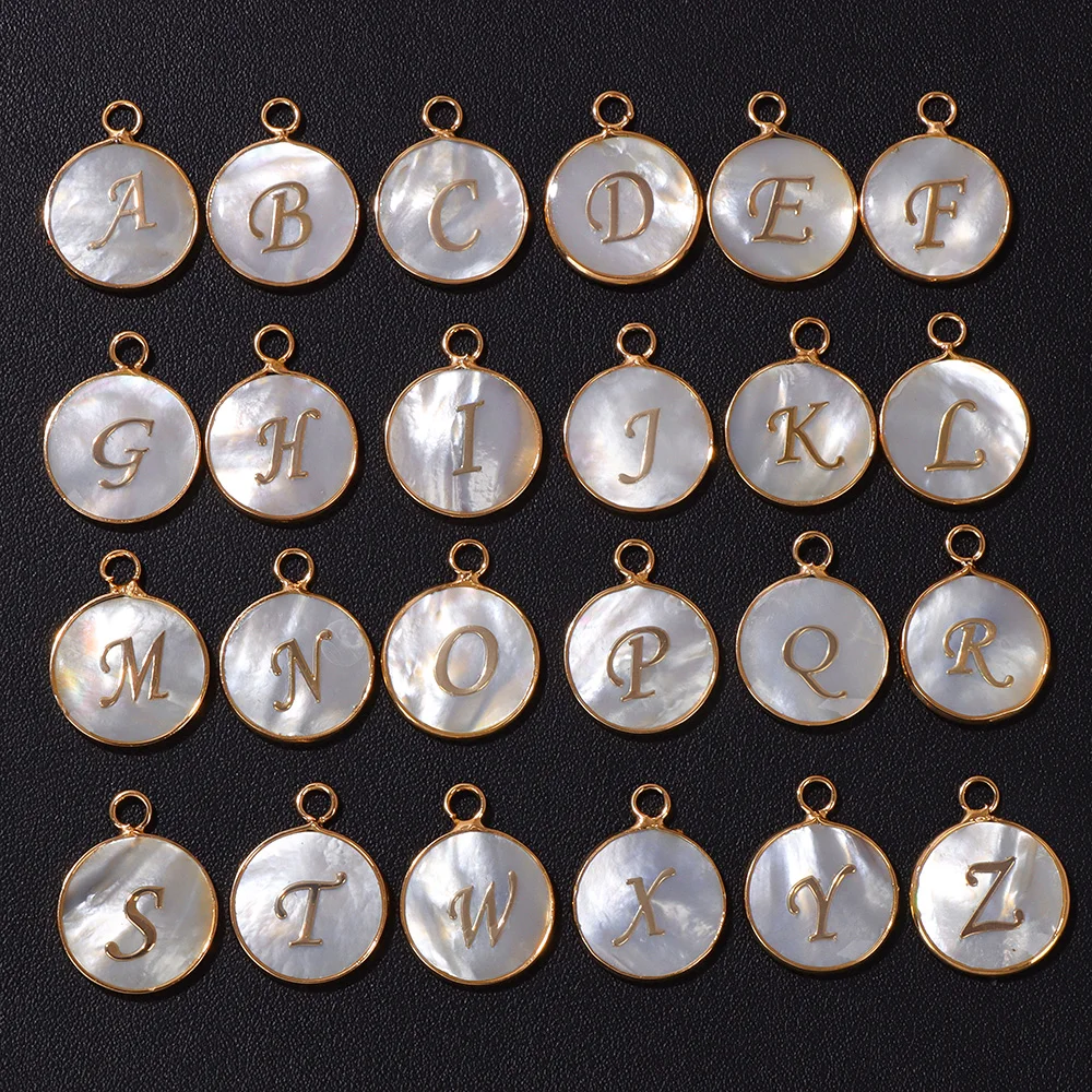 Fashion 26/set Letter Pendant Round Mother of Pearl Shell Alphabet Charm for Jewelry Making Necklace Earring Accessory Supplies