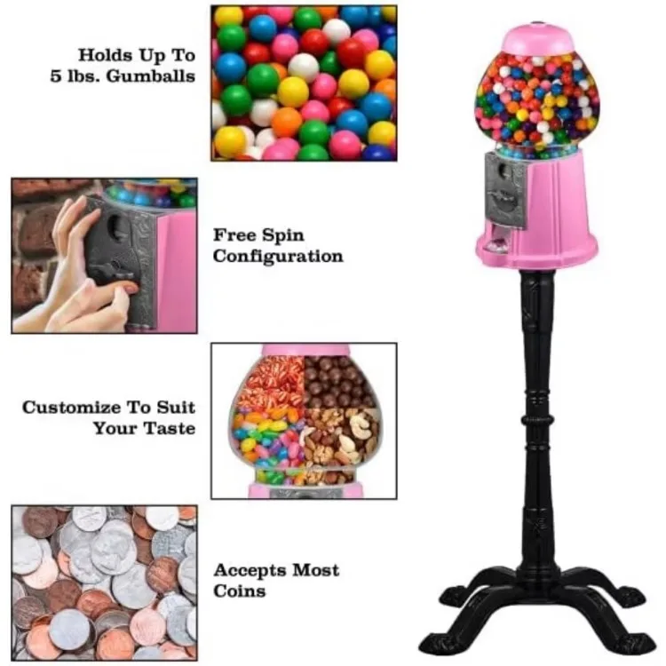 Popcorn Gumball Machine with Stand - 1920s-Style Nostalgic Decor Candy Dispenser - Coin-Operated Candy Vending Machine (Pink)