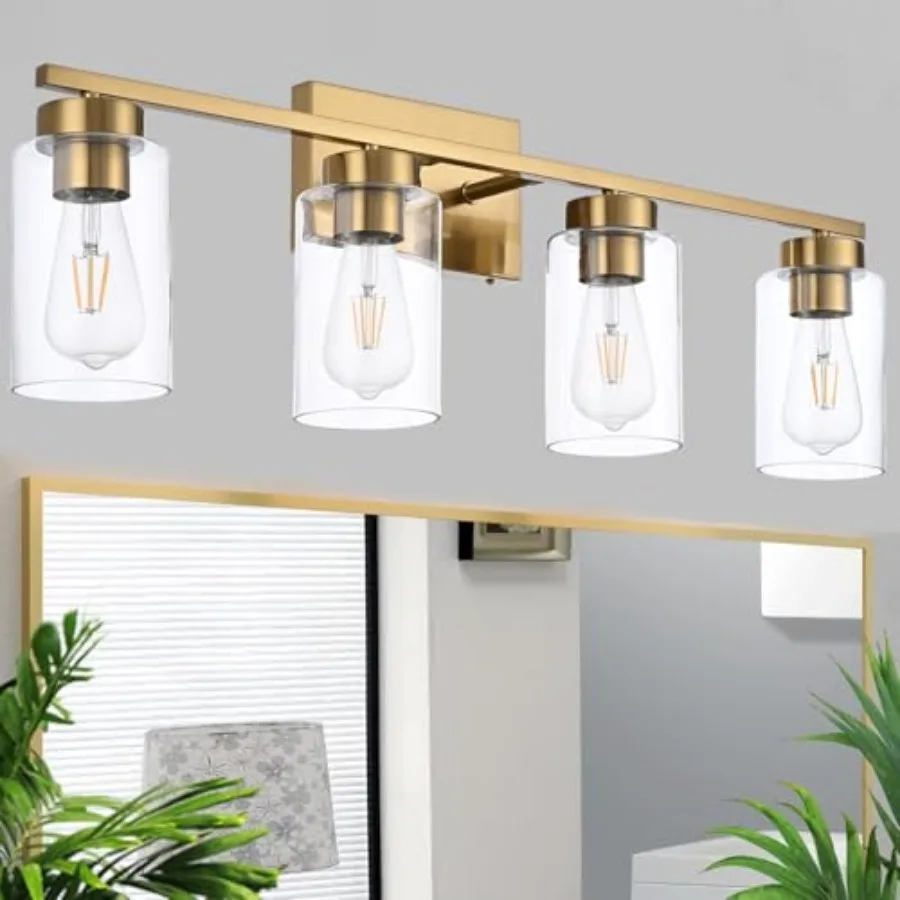 

4 Light Bathroom Vanity Light Fixtures, Brushed Brass Modern Wall Lights with Clear Glass Shade, Vintage Wall Sconce Lighting f