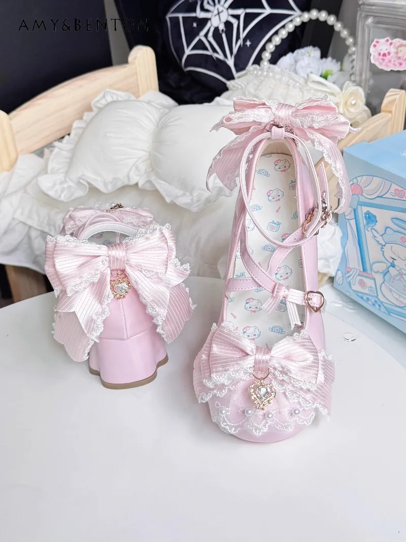 

Graceful Sweet Mid-Heel Gorgeous Cute Cla Style Lolita Shoes Lace Patchwork Bowknot Rhinestone Pendant Round-Toe Mary Jane Shoes