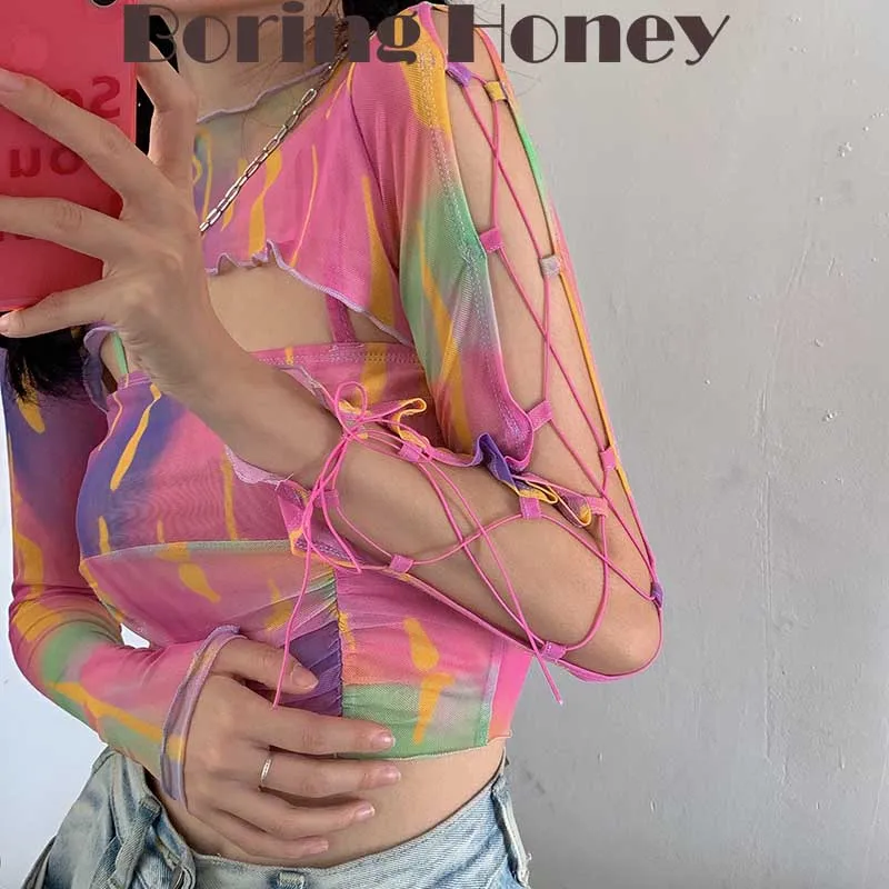 Boring Honey Y2K Beach Outing Fashion Women Blouses Rainbow Contrast Color Mesh Garment Base Shirt Lace Up Top Women Blouses