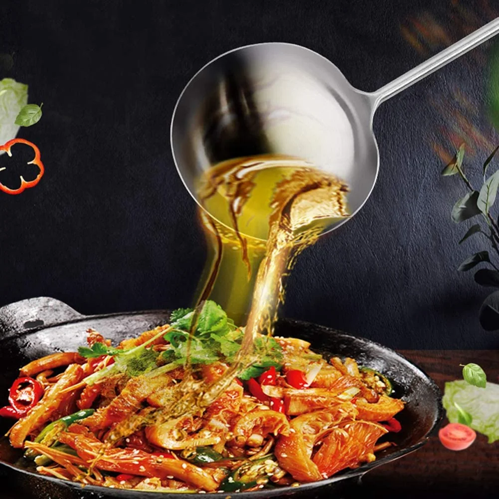 مغرفة متينة من الفولاذ المقاوم للصدأ ، ملعقة المقلاة ، ملعقة مجرفة بمقبض طويل ، مقاومة للصدأ ، مقاومة للحرارة ، تشكيل متكامل