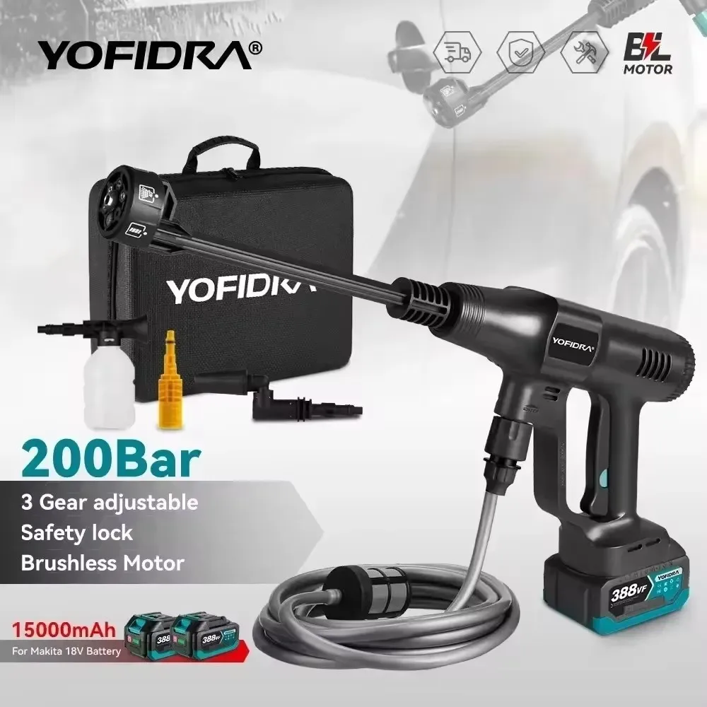 Yofidra 200bar sem escova elétrica de alta pressão pistola água 3 engrenagens sem fio carro casa jardim ferramentas limpeza para makita 18v bateria