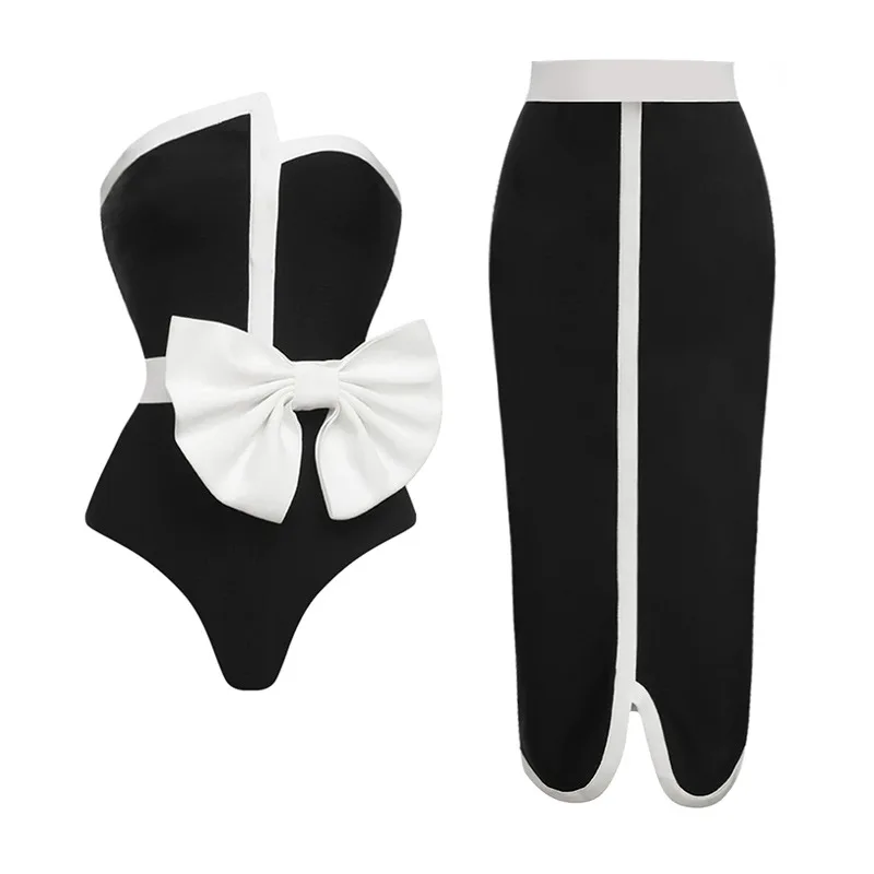Black White One Piece Swimsuit Women Sexy Swimwear 2025 Elegant Beach Outfits Bow Tie Swim Suits Female Bathingsuit Summer Suit