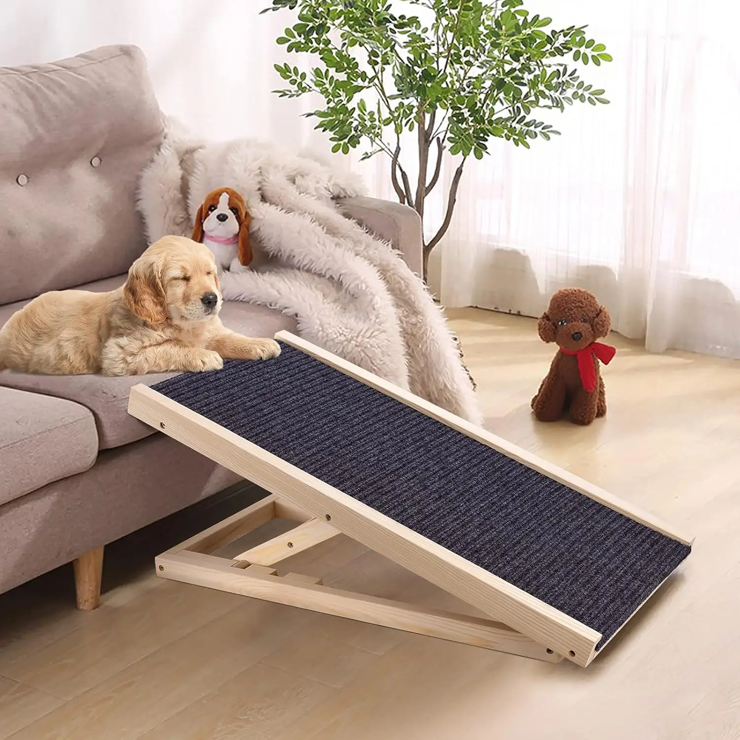 منحدر الحيوانات الأليفة من الخشب الصلب، سلم سيارة، ارتفاع قابل للتعديل، وسادة مضادة للانزلاق، الحيوانات الأليفة، السفر، السيارة، الشاحنة