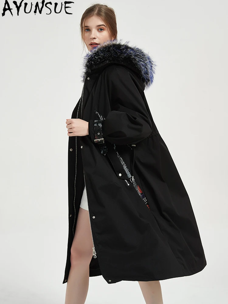 AYUNSUE 렉스 토끼 모피 파카 여성 리얼 모피 코트 후드 겨울 여성 의류 아우터웨어 신상품 폭스 모피 칼라 여성용 코트