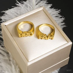 FAM BRO Letter Golden Stainless Steel Ring for Men Women Hip Hop Punk Daily Wear Layered Jewelry Rings Gift for Family Brother