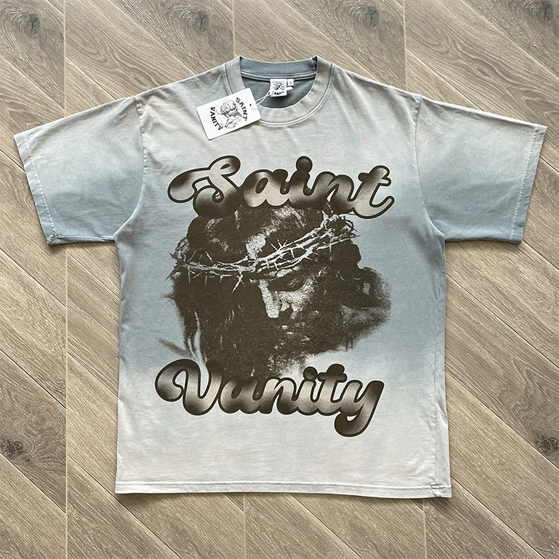 SAINT VANITY Camiseta casual de manga corta con estampado de retrato humano lavado y desgastado