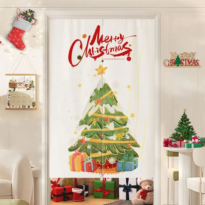 VIKAMA Christmas Watercolor Tree Gift Door Curtain White Background Merry Handwritten Xmas Present Box Star Holiday Linen Noren
