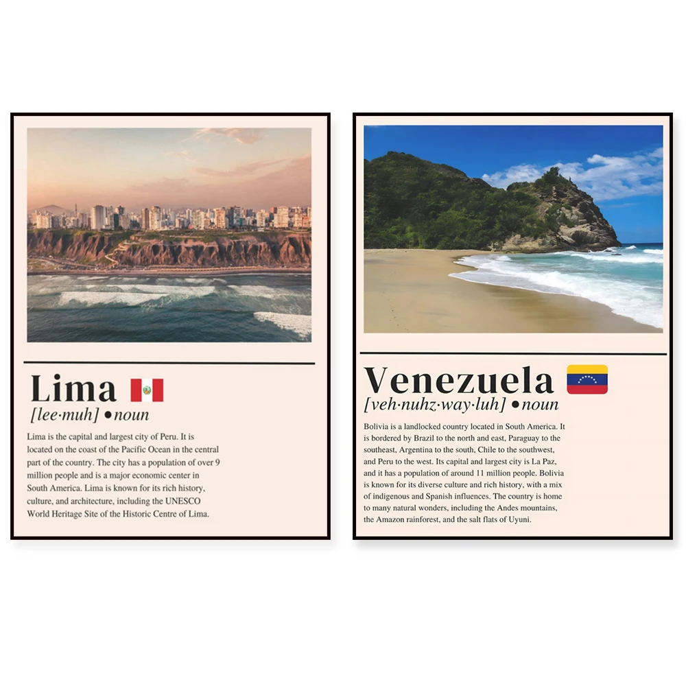 Carteles de viaje para parques nacionales en Venezuela, Uruguay, Quito, Granada, Nicaragua, Argentina, Uganda y el Delta de Okavango.