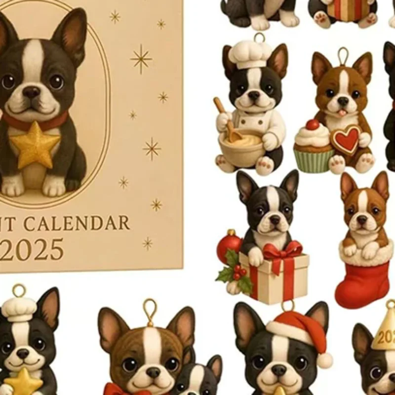 

Адвент-календарь Бостон-терьера на 2023 год, 24 дня праздничных украшения Бостон-терьера, 2d акриловый рождественский календарь обратного отсчета