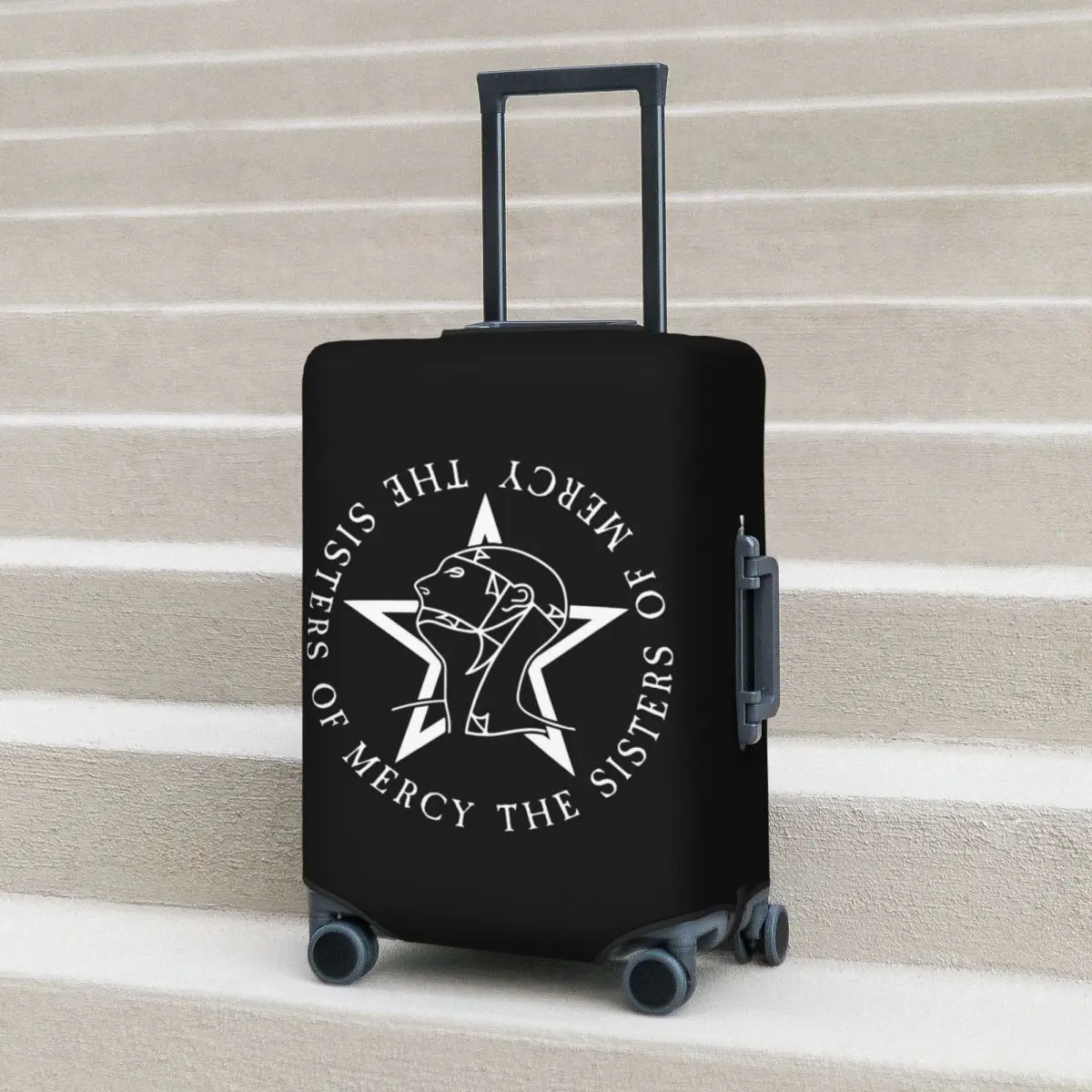 

Round Text Logo Goth The Sisters Of Mercy Suitcase Cover Protection Elastic Travel Luggage Protector Covers for 18-32 Inch