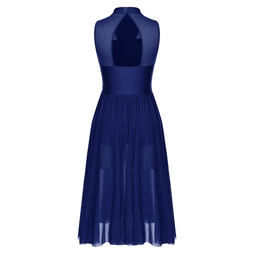 Imagen 2 del producto Vestido de patinaje sobre hielo con diamantes de imitación para mujer, leotardo de Ballet de malla transparente sin mangas, trajes de actuación de danza lírica contemporánea