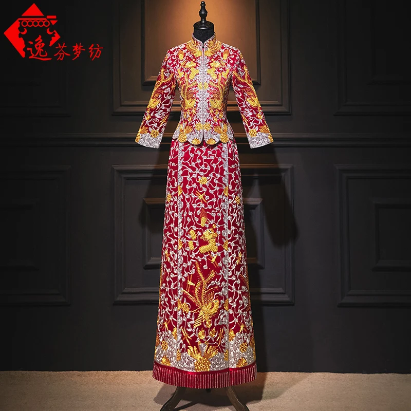 

Новое свадебное платье 2025 года с ручной вышивкой дракона и феникса, китайское традиционное свадебное платье для женщин, традиционная свадебная одежда