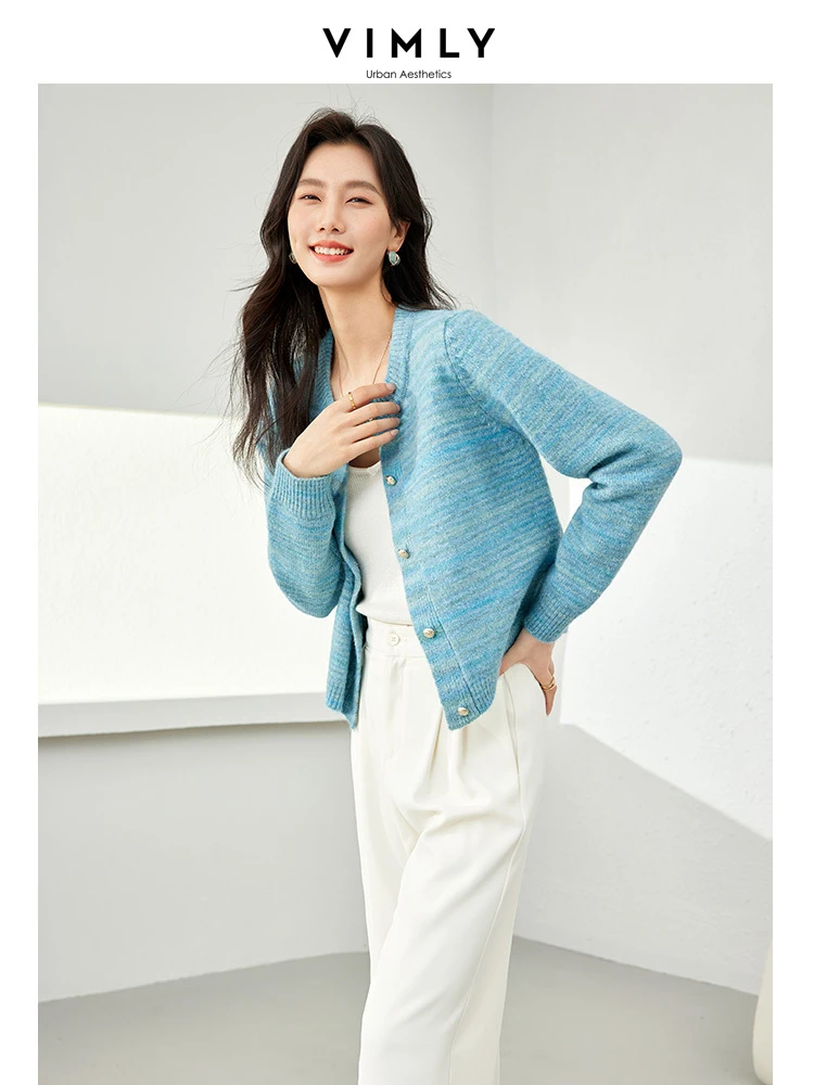 Vimly Contrast Striped Knit Cardigan for Women Elegant Clothing 2024 Spring Gradient Knitted Sweater Tops Female Knitwear 72878