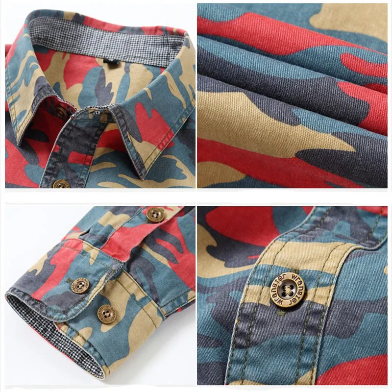 Camisas camufladas de manga comprida masculina, casacos com gola virada para baixo, tops de peito único, camisas soltas casuais masculinas, primavera, outono