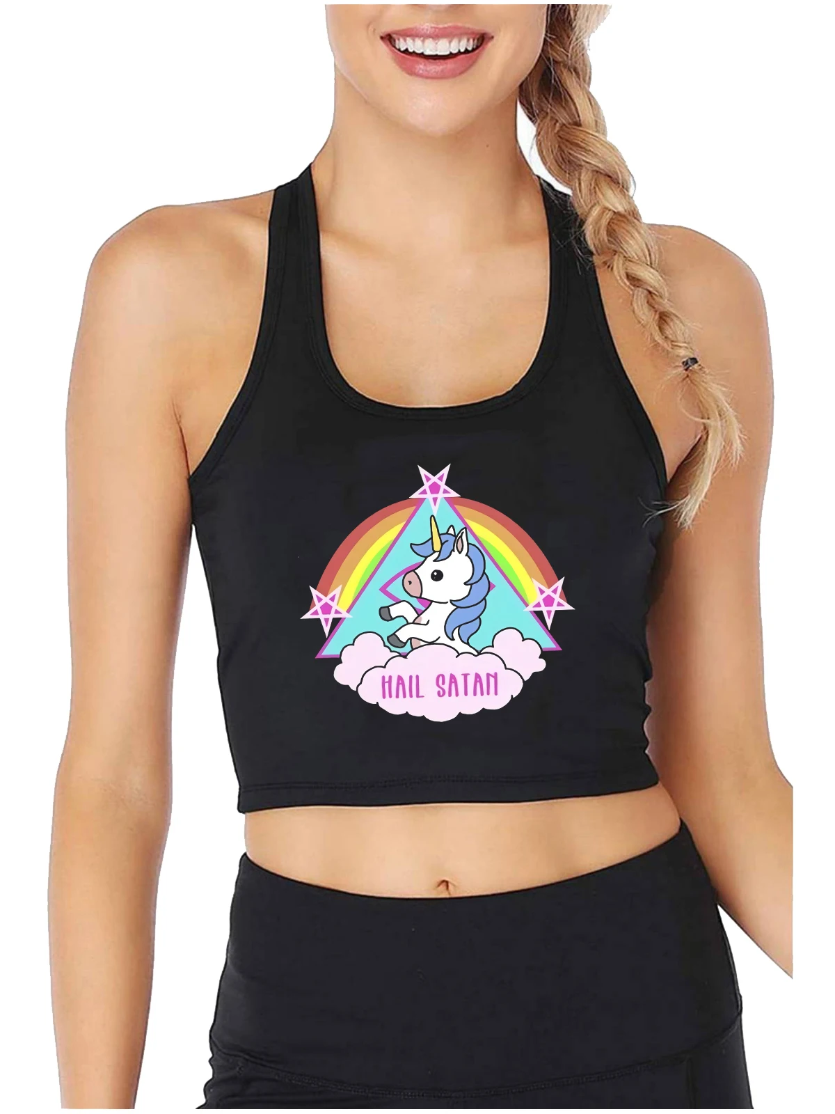 

Hail Satan Cute Unicorn Rainbow Graphic Sexy Slim Fit Crop Top Happy Pride Month Gift Tank Tops Girl's Sports Training Camisole