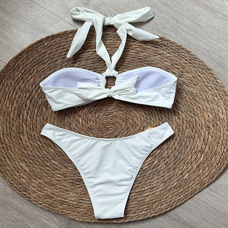 Para Praia Sexy Solid Halter Bandeau Bikini Set Thong Women Swimwear 2025 Brazilian Swimsuit Female Bandage Bathing Suit