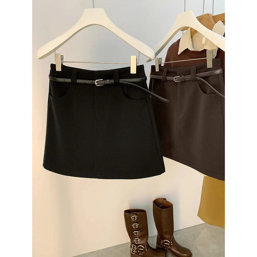 Retro Woolen Skirt Women's Autumn Winter High Waist Slim Short A-Line Wrap Bodycon Skirt Sweet And Spicy Style