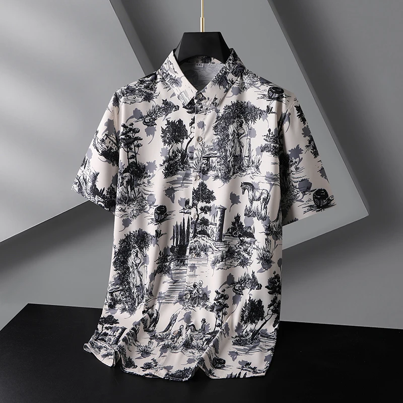 

Summer Ice Silk ort Sve Men's irt plus Size Trendy Print f Sve Breathable Polyester Fiber Stand Fit Urban Fas...