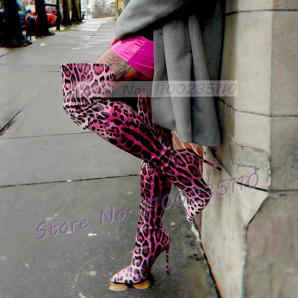 

Pink Leopard Stretch Over Knee Boots Women Trendy Pointed Toe Thin High Heels Back Zipper Boots Ladies Sexy Hollow Out Shoes
