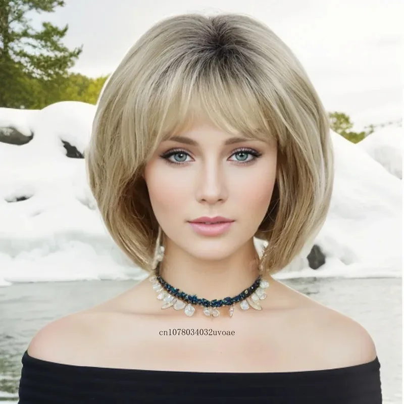 

Блондинка Боб Парик Женские Синтетические Короткие Парики Мамы Натуральные Прически Повседневный Парик с Челкой Ombre Светлые Темные Корни Парики Для Старых Леди