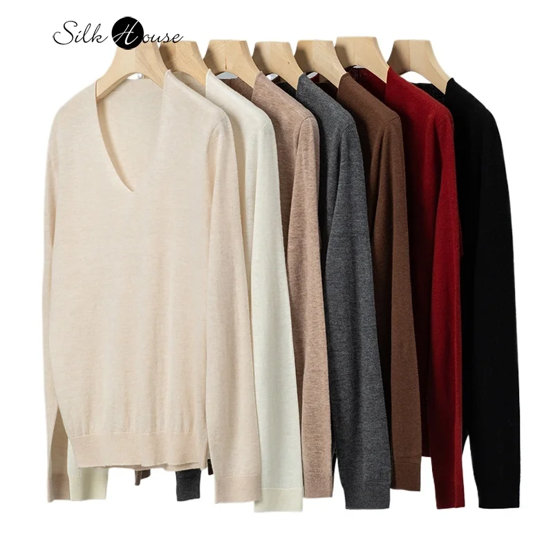 

First Line Ready To Wear 30%Cashmere Deep V-neck Loose Fitting Pullover Long Sleeved Women's Autumn/Winter Knitted Base Sweater