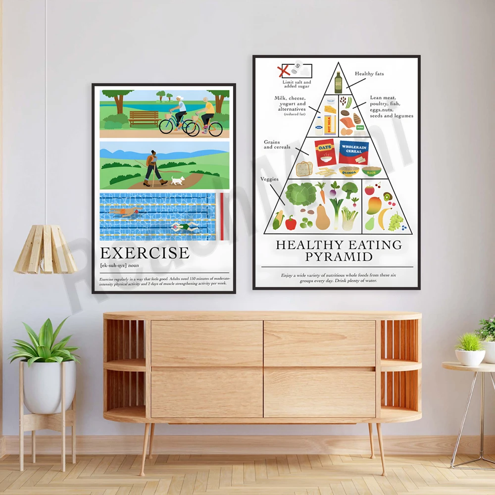 Nutritious whole foods, drink plenty of water, healthy eating, exercise, happiness, health promotion, clinic printable poster