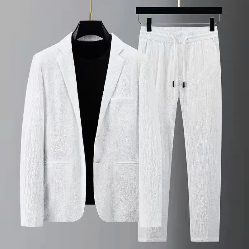 Spring Summer Fashion Cotton linen Suit Men Blazer Pants Pleats Long Sleeve Turndown Collar Jacket Drawstring Trousers