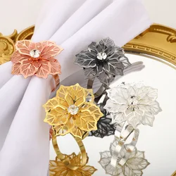 1/6PCS Hollow Crystal Flower Napkin Holder Stainless Steel Napkin Ring Decor Towel Holder Home Wedding Party Tabletop Decoration