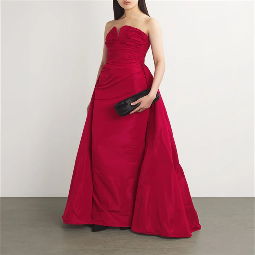 

Customized Strapless Neckline Sleeveless Satin Straight Evening Dress Open Back Zipper Floor Length Sweep Train Gown For Women