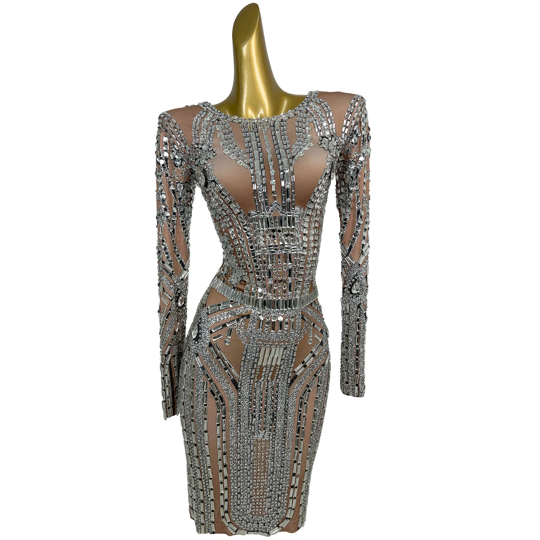 

Guijiduanqun Elegant Nude Mesh Silver Rhinestone Midi Dress Long Sleeve Round Neck Formal Cocktail Party Gown Prom Gowns