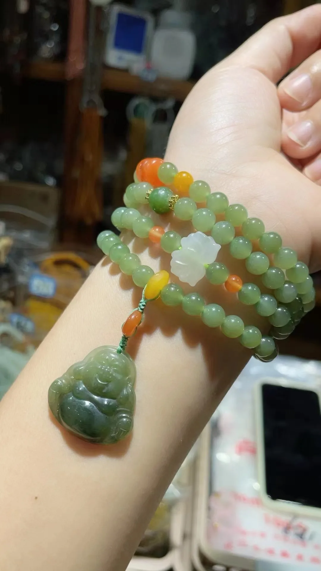 

Natural 100% real green hetian jade carved 6mm round beads and the Buddha Multi-loop bracelet sweater chain for woman men Gift