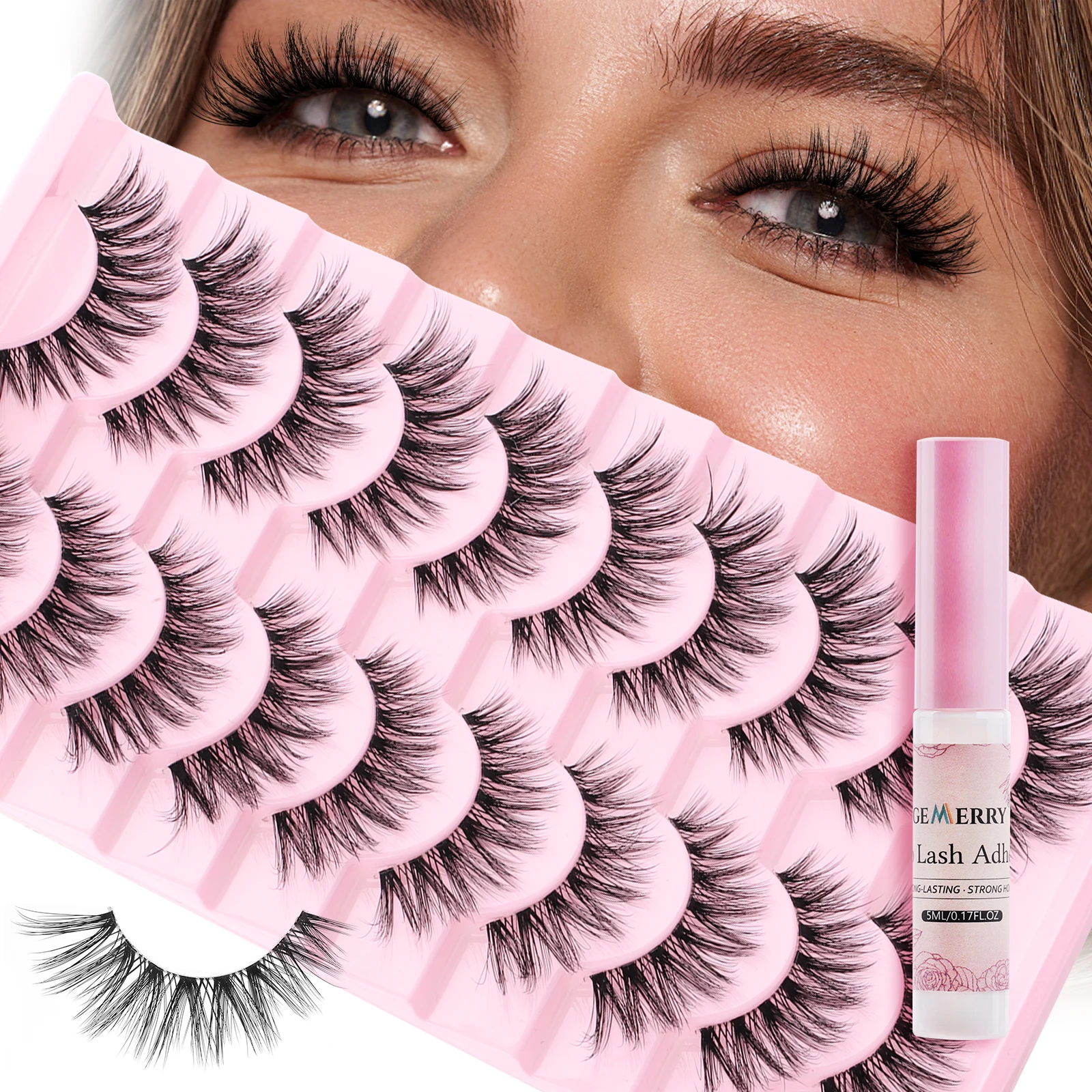 

GEMERRY 10 Pairs of 3D Faux False Eyelashes Fluffy Look Strip Lashes Mink Wispy Cat Eye Fake Lashes for DIY with Eyelash Glue