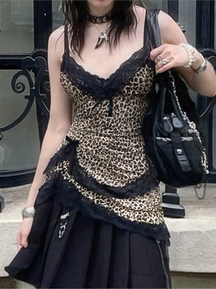 

Women's Clothing Sexy Backless Lace Vest For Women Top Patchwork Leopard Print V-neck Blusas Contrast Bowknot Slim Temperament