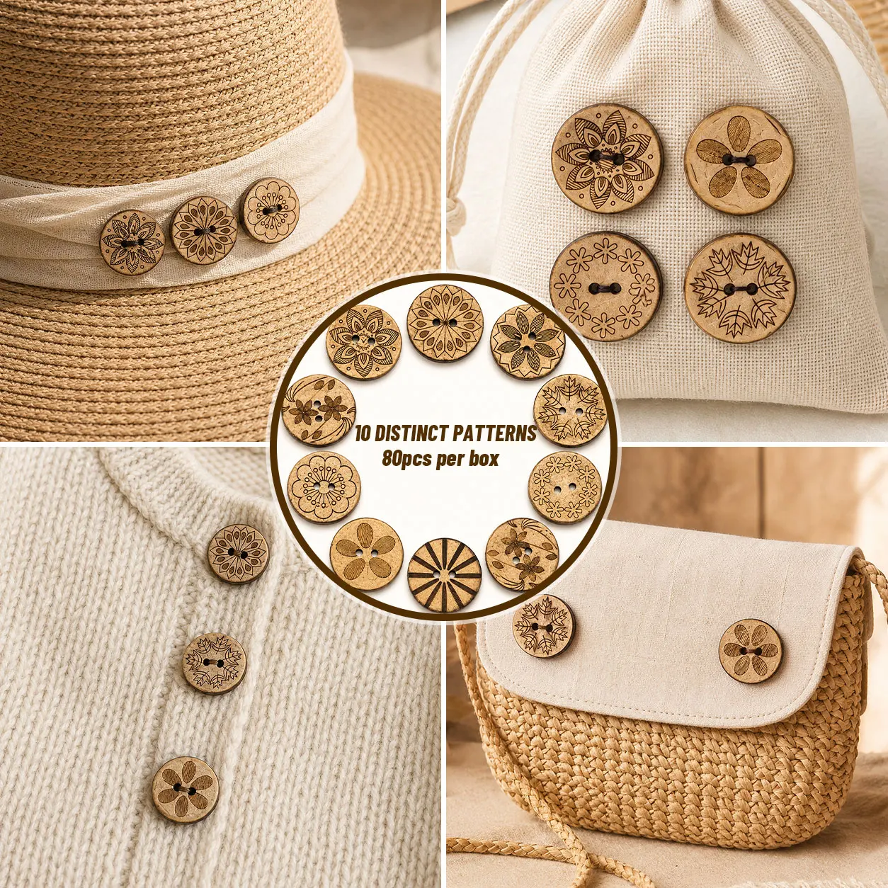 80PCS Per Box, 20mm Coconut Shell Buttons, 10 Engraved Patterns, 8 Pieces Each, 2-Hole Round Buttons for Sewing