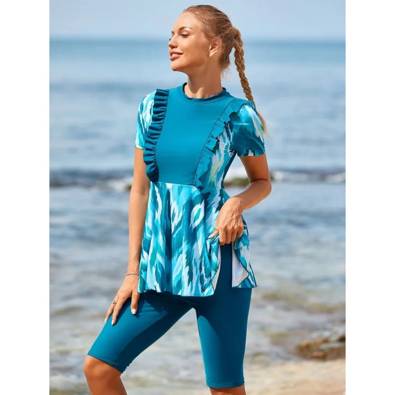 

Ruching Short Sleeve Boyleg One-Piece Women Swimsuit