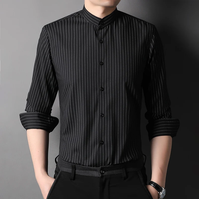 New Fashion Brand Designer Mandarin Collar Slim Fit Vertical Stripes Mens Shirts Casual Luxury Long Sleeve Men Clothing