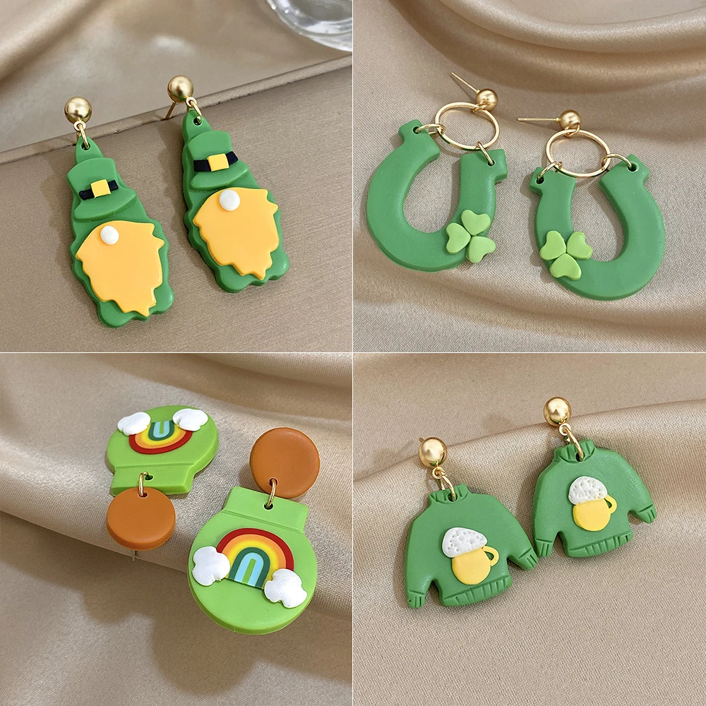 AENSOA Irish St Patrick’s Day Drop Earrings Green Clover Rainbow Horseshoe Sweater Dangle Earring For Women Holiday Jewelry