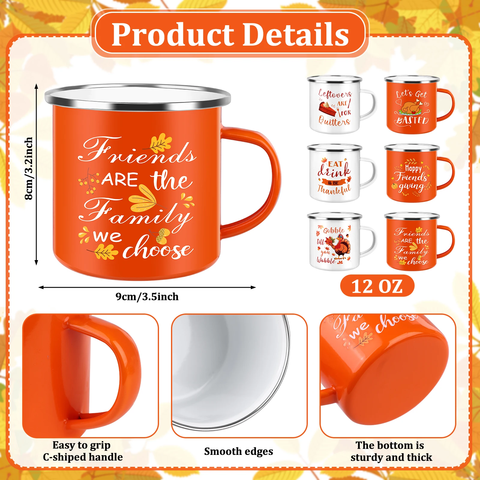 6 Pcs Happy Friendsgiving Coffee Mugs 12oz Fall Enamel Mug White Orange Thankful Blessed Camping Cup With Wide Handle For Thanks