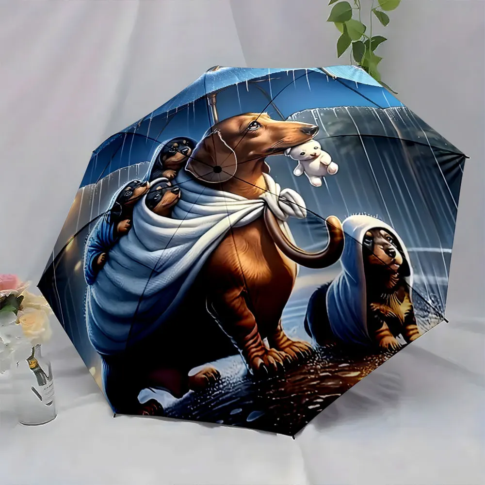 1PC Dog Family Sheltered Under a Blue Umbrella Print 8 Iron Ribs Folding Umbrella Auto-Open Fashion Sunshade